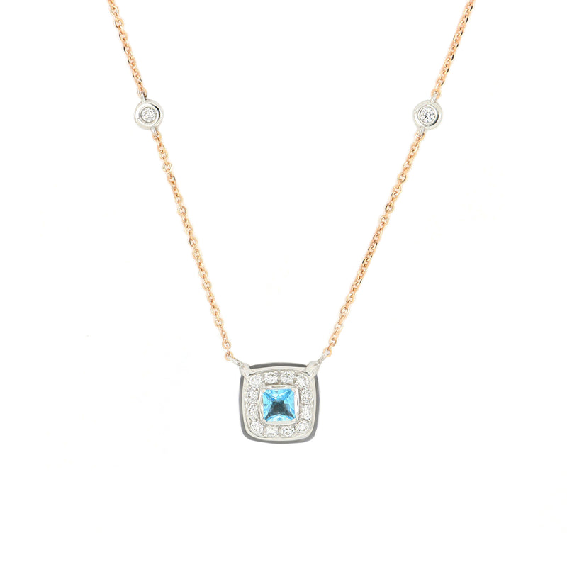 Dettaglio Collana Bonbon Quadrato Topazio Azzurro, Quarzo Fumé e Diamanti
