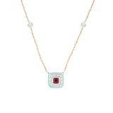 Dettaglio Collana Bonbon Quadrato Rodolite Turchese e Diamanti